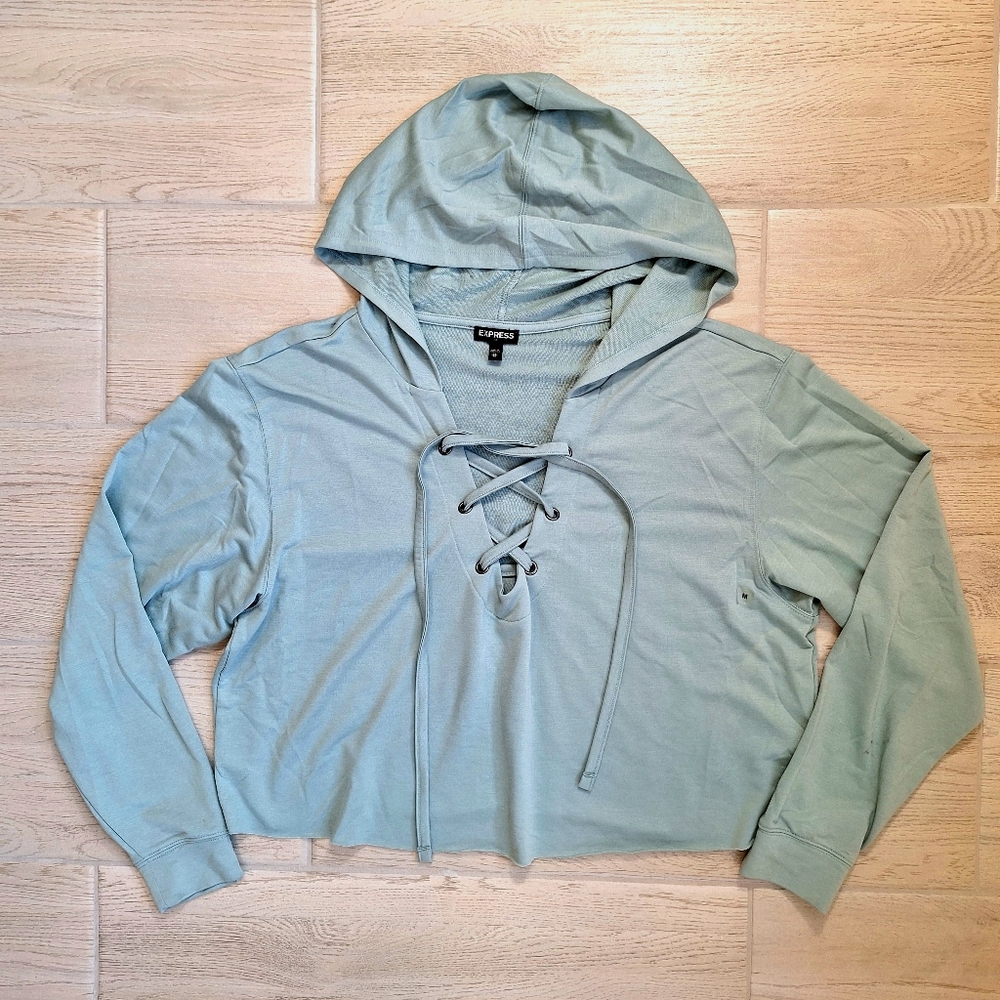 Express One Eleven Hoodie Women's Green Lightweight Sweatshirt Lace Up Medium